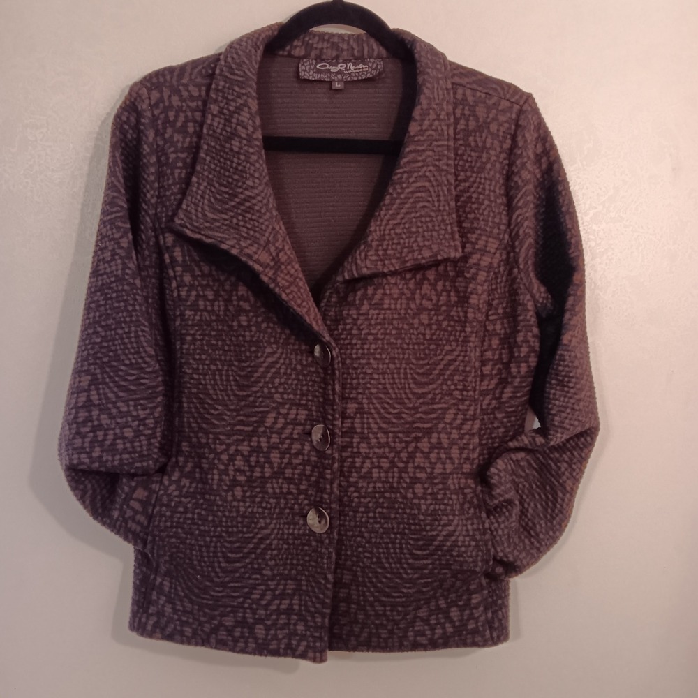 Cheryl Nash Windridge Blazer Jacket‎ L Brown Gray Abstract Textured Collared